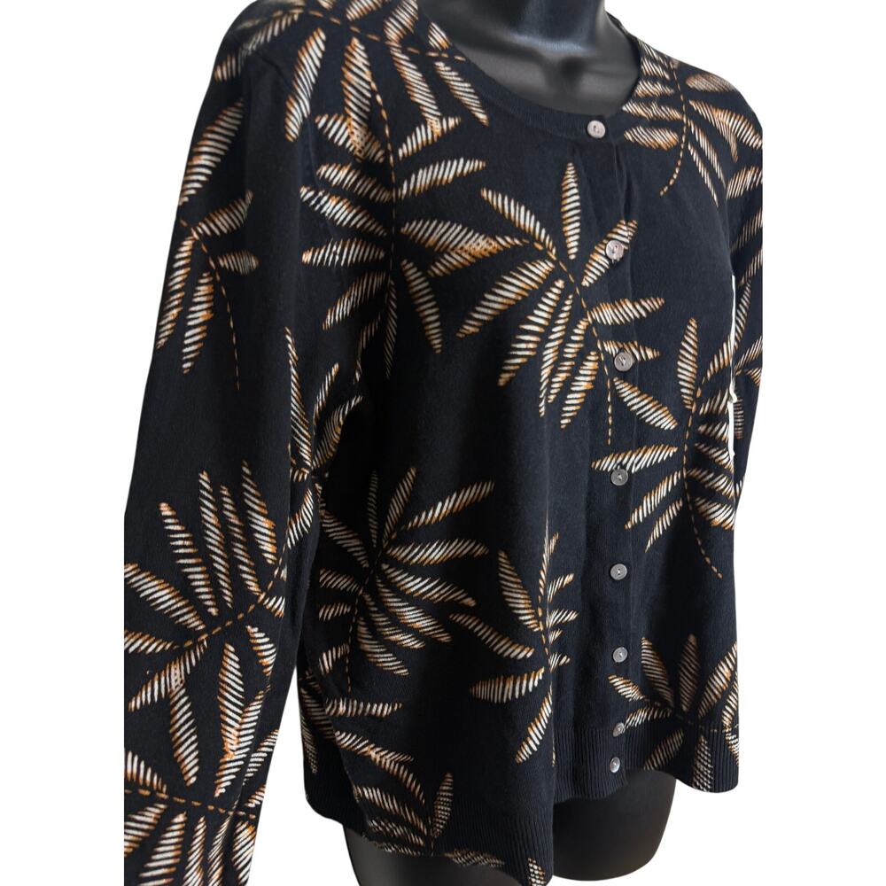A.N.D A New Day Cardigan Women Size Large Black Tan Leaf Knit Crew Long Sleeve - Picture 3 of 9
